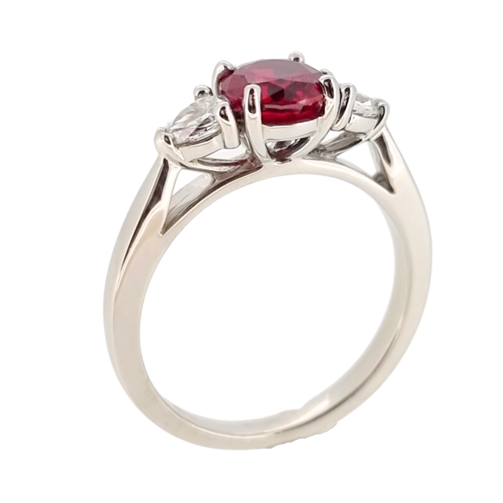 Mike Taylor Platinum Chatham Ruby & Lab Grown Diamond Three Stone Ring ...